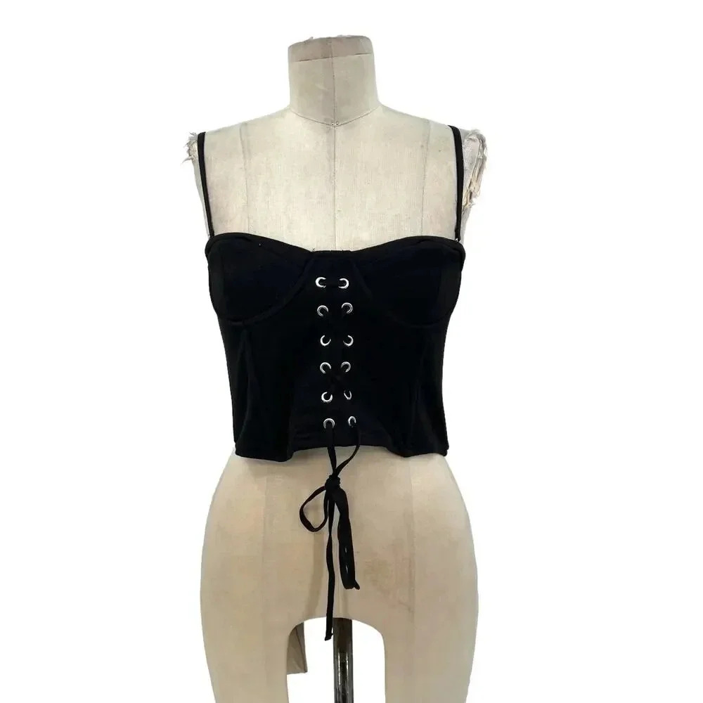Zara Corset Tank Top Bralette Lace Up Sweetheart Shirred Black Size Medium